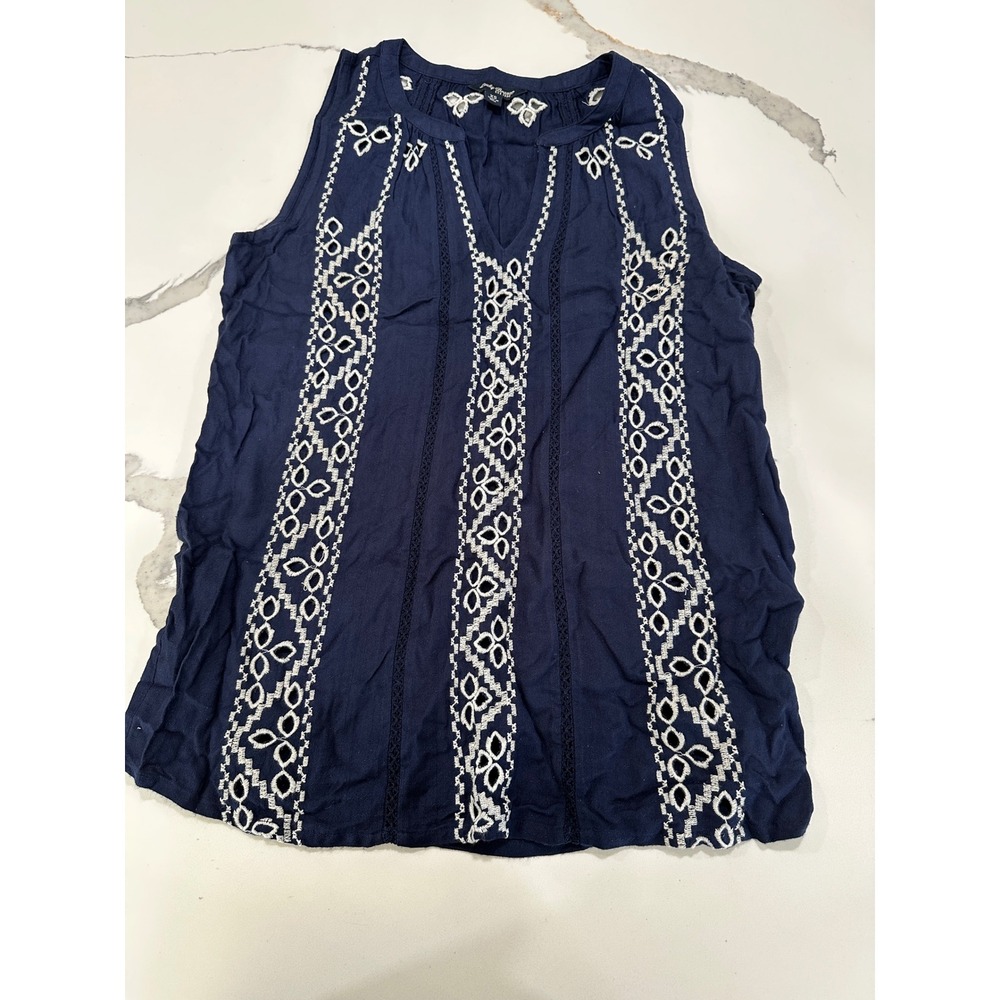 Lucky Brand Embroidered Tank‎ Top Sleeveless Bohemian Casual Navy Blue XS